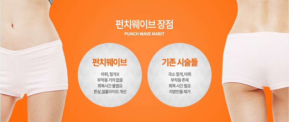 펀치웨이브 장점
펀치웨이브:마취, 절개 X, 부작용 거의 없음, 회복시간 불필요, 튼살,셀룰라이트 개선
기존 시술들:국소 절개, 마취, 부작용 존재, 회복 시간 필요, 지방만을 제거