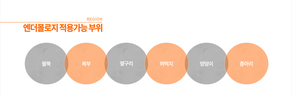 엔더몰로지 적용가능 부위
팔뚝, 복부, 옆구리, 허벅지, 엉덩이, 종아리
