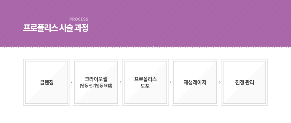 시술 과정
클렌징 / 크라이오셀(냉동 전기영동 요법) / 프로폴리스 도포 / 재생레이저 / 진정 관리
