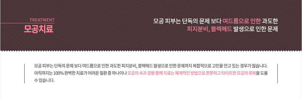 -모공치료 
모공 피부는 단독의 문제 보다 여드름으로 인한 과도한 피지분비, 블렉헤드 발생으로 인한 문제까지 복합적으로 고민을 안고 있는 경우가 많습니다. 아직까지는 100% 완벽한 치료가 어려운 질환 중 하나이나 모공의 속과 겉을 함께 치료는 쳬계적인 방법으로 쫀쫀하고 타이트한 모공의 회복을 도울 수 있습니다.
