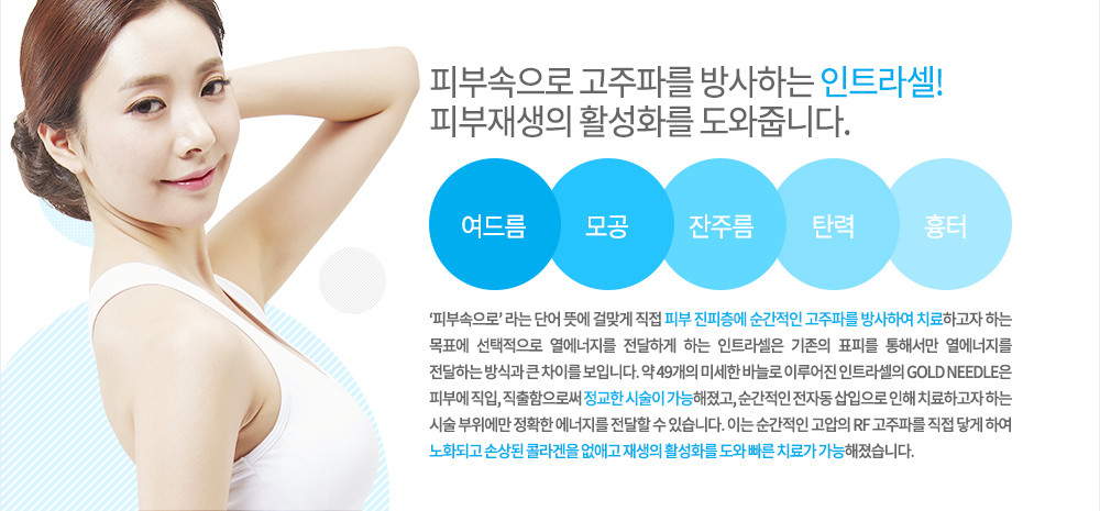 -특징
‘피부속으로’ 라는 단어 뜻에 걸맞게 직접 피부 진피층에 순간적인 고주파를 방사하여 치료하고자 하는 목표에 선택적으로 열에너지를 전달하게 하는 인트라셀은 기존의 표피를 통해서만 열에너지를 전달하는 방식과 큰 차이를 보입니다. 약 49개의 미세한 바늘로 이루어진 인트라셀의 GOLD NEEDLE은 피부에 직입, 직출함으로써 정교한 시술이 가능해졌고, 순간적인 전자동 삽입으로 인해 치료하고자 하는 시술 부위에만 정확한 에너지를 전달할 수 있습니다. 이는 순간적인 고압의 RF 고주파를 직접 닿게 하여 노화되고 손상된 콜라겐을 없애고 재생의 활성화를 도와 빠른 치료가 가능해졌습니다.

