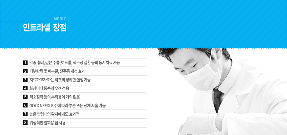 -장점
각종 흉터, 깊은 주름, 여드름, 색소성 질환 등의 동시치료 가능
피부탄력 및 피부결, 잔주름 개선 효과
치료하고자 하는 타겟의 정확한 설정 가능
화상이나 통증의 우려 적음
색소침착 등의 부작용이 거의 없음
GOLD NEEDLE 수에 따라 부분 또는 전체 시술 가능
높은 연령대의 환자에게도 효과적
위생적인 일회용 팁 사용

