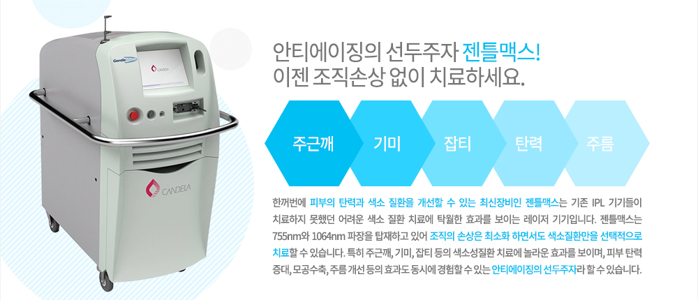 -특징
한꺼번에 피부의 탄력과 색소 질환을 개선할 수 있는 최신장비인 젠틀맥스는 기존 IPL 기기들이 치료하지 못했던 어려운 색소 질환 치료에 탁월한 효과를 보이는 레이저 기기입니다. 젠틀맥스는 755nm와 1064nm 파장을 탑재하고 있어 조직의 손상은 최소화 하면서도 색소질환만을 선택적으로 치료할 수 있습니다. 특히 주근깨, 기미, 잡티 등의 색소성질환 치료에 놀라운 효과를 보이며, 피부 탄력 증대, 모공수축, 주름 개선 등의 효과도 동시에 경험할 수 있는 안티에이징의 선두주자라 할 수 있습니다. 


