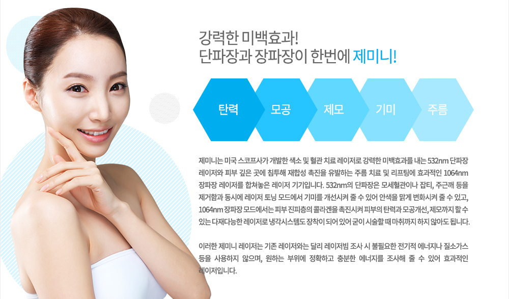 깨끗하고 투명한 피부의 완성!-시술안내
시술시간 : 10~20분
시술횟수 : 3~5회
시술기간 : 3~4주 간격
마취 : X
세안 및 메이크업 : 즉시

